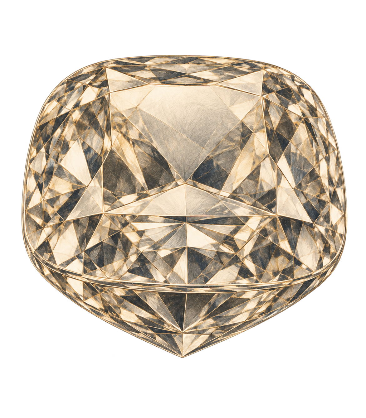 Realistische goldene Schmuckzeichnung eines Cushion-Cut-Diamanten